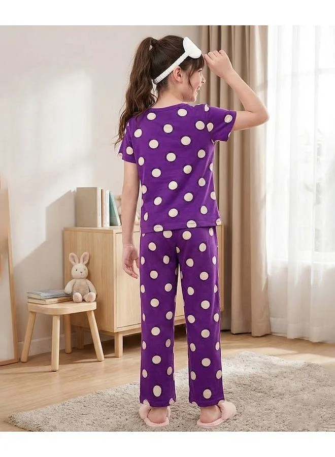 Pine Kids Pine Kids Single Jersey Knit Half Sleeves Co-Ords Pajama Set with Polka Dot Print - Purple