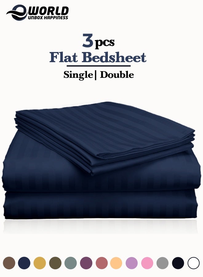 Eworld 3 Piece Luxury Navy Blue Striped Bed Sheet Set with 1 Flat Sheet and 2 Pillowcases for Hotel and Home Crafted from Ultra Soft and Breathable Microfiber for Year-Round Comfort, (Single/Double) - Image 1