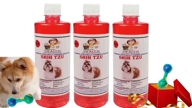 swacch Shih Tzu Dog Shampoo + Dumbbell Toy I Durable Rubber Dog Toy for Chewing I Playing,Teeth Cleaning & Training Toy I Combo Pack I 500ml Pack of 3 Jasmine - Image 1