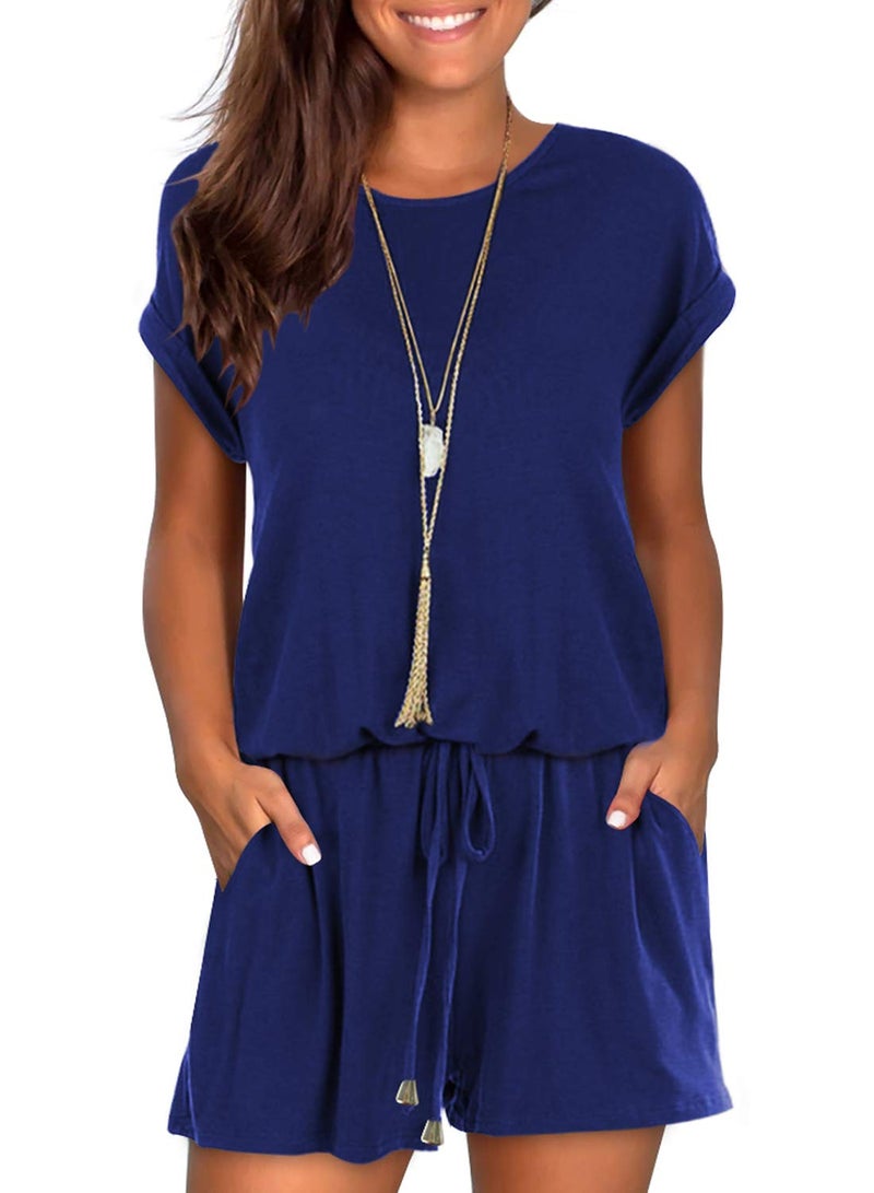 Mokayee Womens Summer 2025 Navy Blue Short Sleeve Loose Casual Front Tie Rompers with Pockets Short Pants Jumpsuits Loungewear M - Image 1
