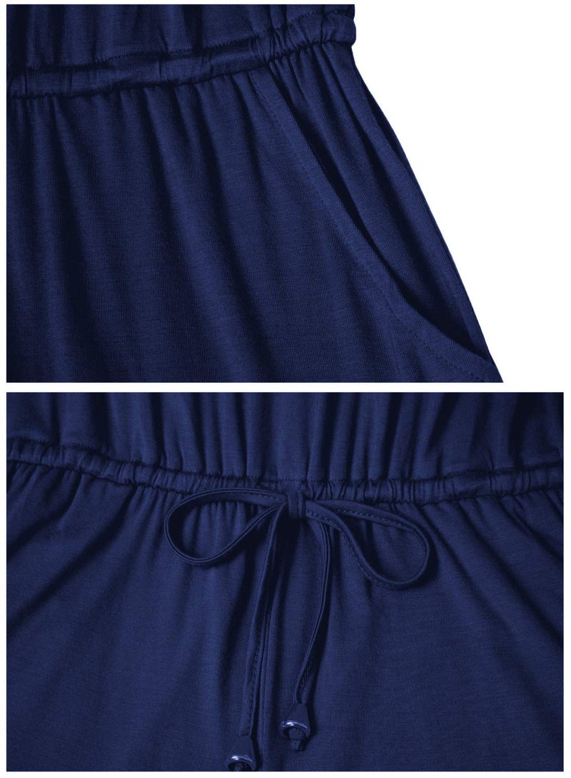 Mokayee Womens Summer 2025 Navy Blue Short Sleeve Loose Casual Front Tie Rompers with Pockets Short Pants Jumpsuits Loungewear M - Image 3