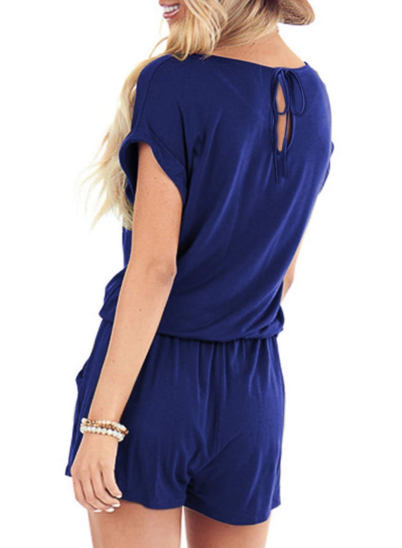 Mokayee Womens Summer 2025 Navy Blue Short Sleeve Loose Casual Front Tie Rompers with Pockets Short Pants Jumpsuits Loungewear M - Image 2