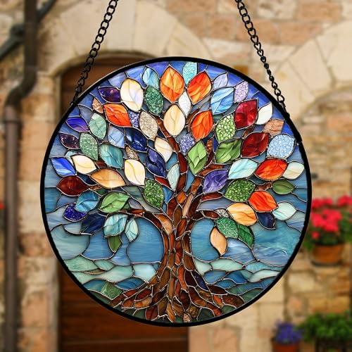 DASTOLL Stained Glass Window Hanging, Colorful Tree of Life Sun Catchers Glass Panel Blue Suncatcher Decor for Birthday for Women, Men, Wife, Aunt, and Mom 9.8 in - Image 4