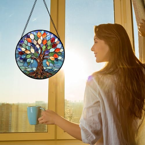 DASTOLL Stained Glass Window Hanging, Colorful Tree of Life Sun Catchers Glass Panel Blue Suncatcher Decor for Birthday for Women, Men, Wife, Aunt, and Mom 9.8 in - Image 2
