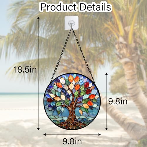 DASTOLL Stained Glass Window Hanging, Colorful Tree of Life Sun Catchers Glass Panel Blue Suncatcher Decor for Birthday for Women, Men, Wife, Aunt, and Mom 9.8 in - Image 5