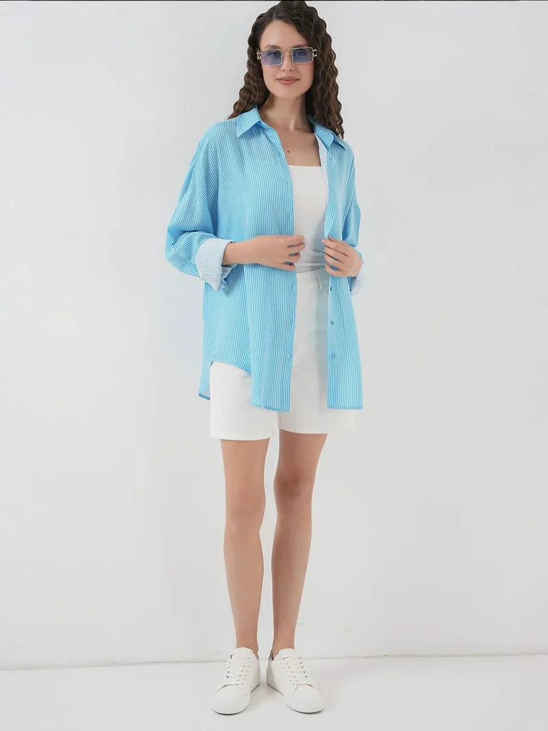 بيغ دارت قميص طويل مخطط كبير الحجم بأزرار