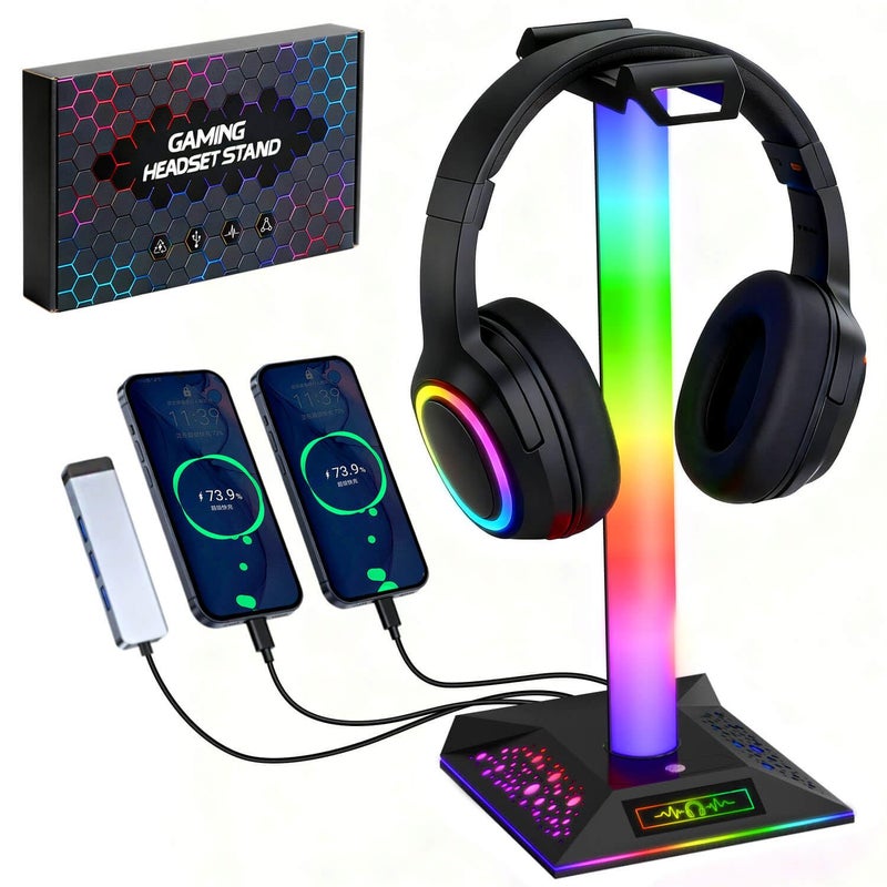 LANVIA حامل سماعات الألعاب RGB، حامل سماعات LED مع 3 منافذ شحن (2 USB و 1 Type-C) و 10 أوضاع إضاءة، حامل سماعات أشياء رائعة للأولاد، ملحقات ألعاب الكمبيوتر المكتبي هدايا للاعبين الرجال البالغين - Image 1