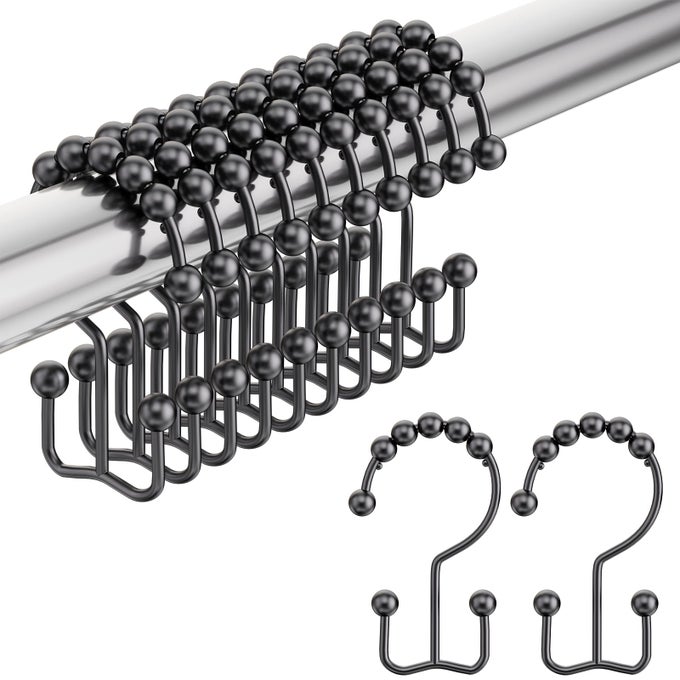 BLACK SHOWER CURTAIN HOOKS SHOWER CURTAIN HOOKS RUST PROOF 12 PCS STAINLESS STEEL SHOWER HOOKS FOR SHOWER CURTAIN DOUBLE SHOWER CURTAIN HOOKS FOR BATHROOM SHOWER RODS CURTAIN
