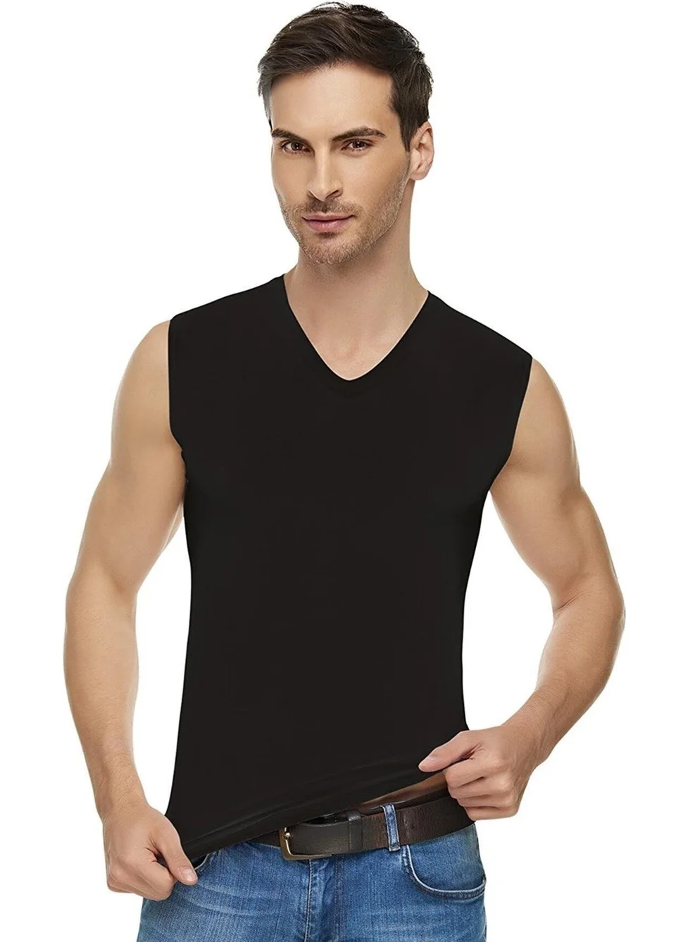 Tutku Elit Men's Elastane V-Neck Zero Sleeve Undershirt 1305 - 3 Pieces