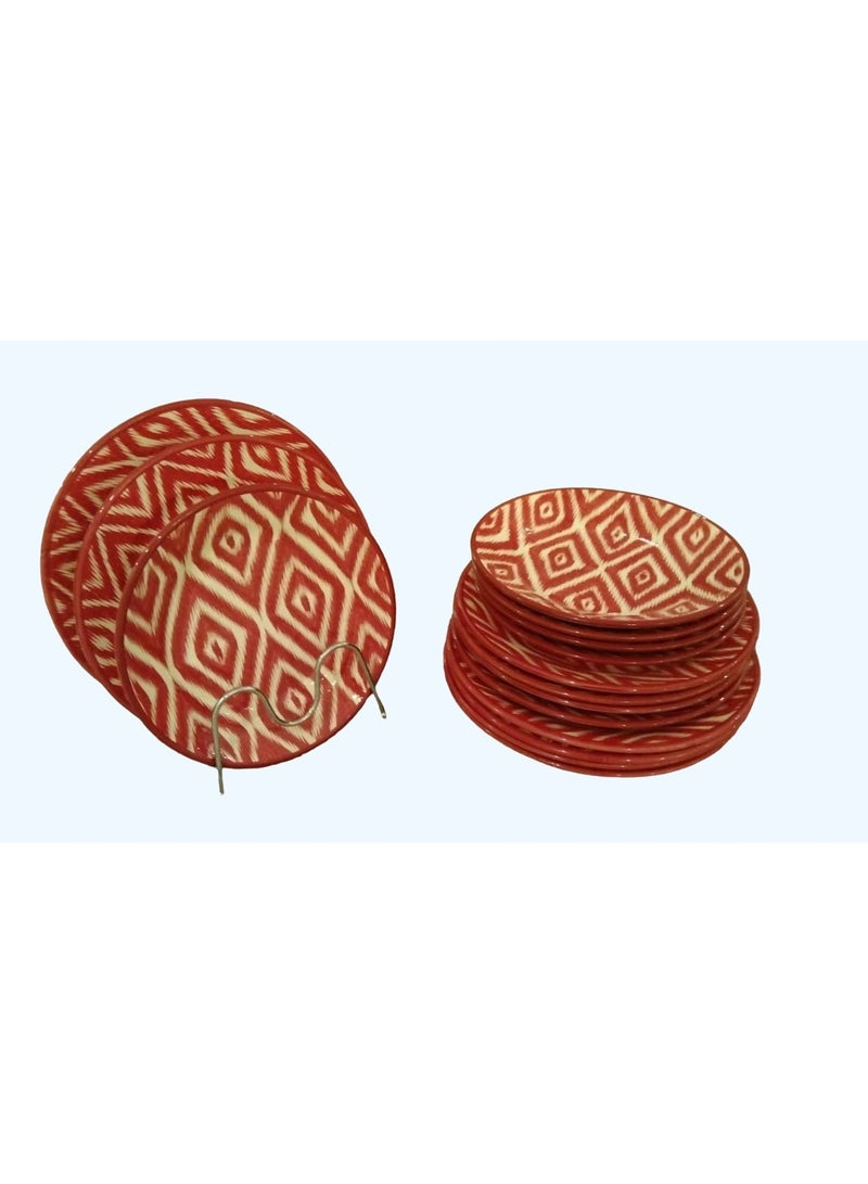 السيد پی طقم عشاء جميل من الطين الأوزبكي مصنوع يدويًا من الفخار الأوزبكي متعدد الألوان طقم عربي تقليدي (طقم عشاء أحمر، 15 قطعة)