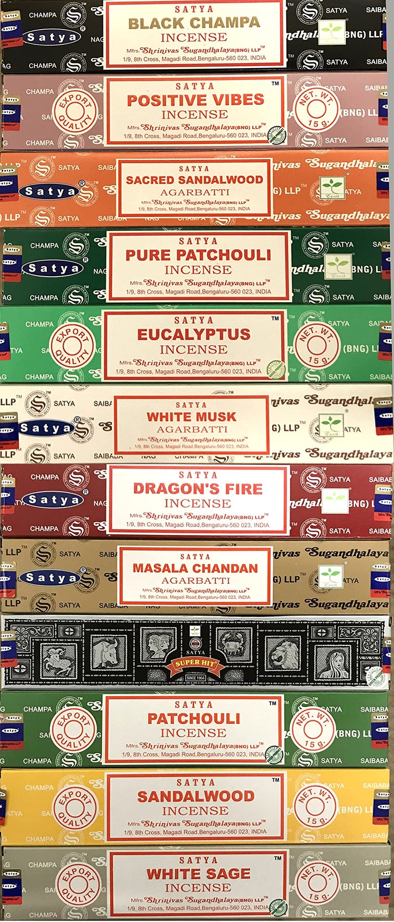 Satya Satya Bangalore BNG Set of 12 Black Champa Positive Vibes White Musk Masala Chandan Sandalwood Patchouli Pure Patchouli Super Hit White Sage Dragons Fire Sacred Sandalwood Eucalyptus