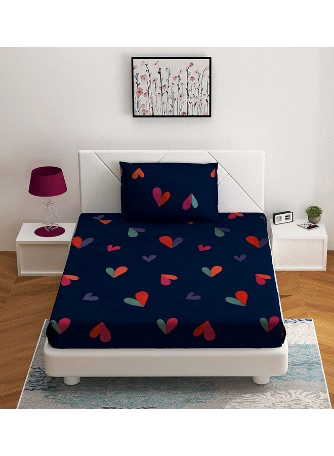 SpangleHomes Geometric 300 TC 100% Soft Glace Cotton Elastic Fitted Single Bed Bedsheet with 1 Large Pillow Cover (36x72 and Pillow Cover 50 * 75 inches, Blue Heart), queen