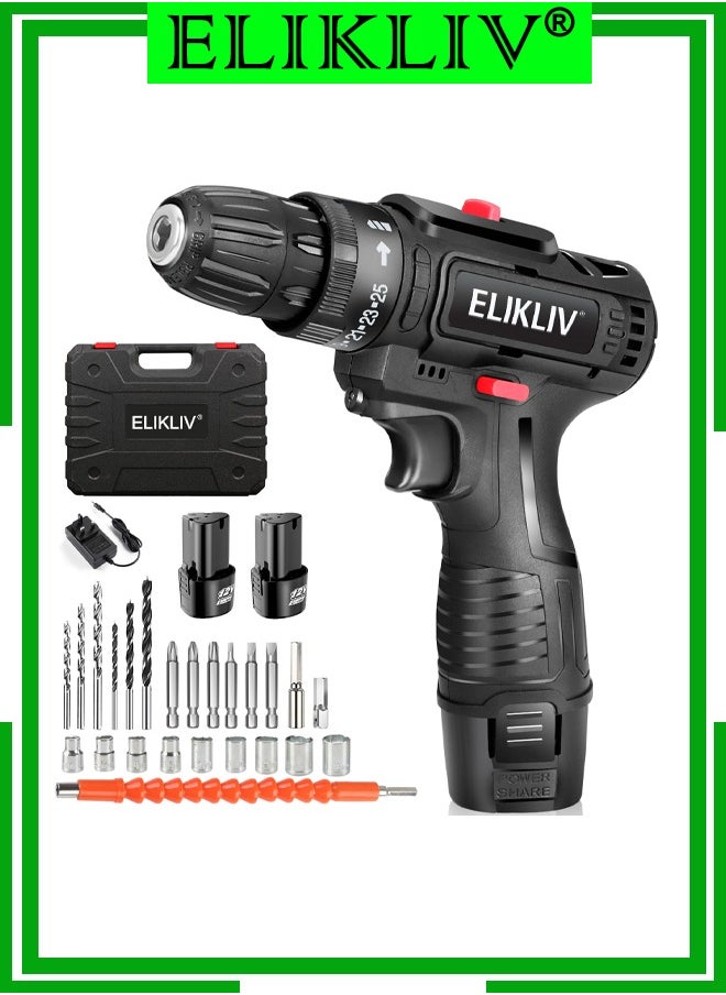 ELIKLIV Cordless Impact Hammer Drill Driver 12V 2 Gear Speed  LED Light and 2 Batteries Included for Wood Cement Concrete Ceiling Brick Wall 