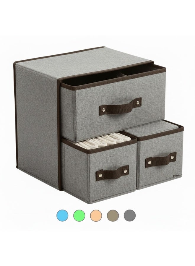 منظم تخزين قماشي صغير الحجم بثلاثة أدراج - صندوق تخزين موفر للمساحة للخزانة والرفوف للملابس ومستلزمات الأطفال والإكسسوارات واللوازم المكتبية - قماش كتان متين - رمادي - Image 1