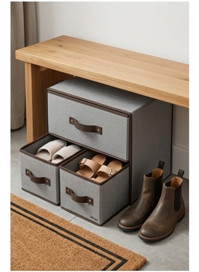 منظم تخزين قماشي صغير الحجم بثلاثة أدراج - صندوق تخزين موفر للمساحة للخزانة والرفوف للملابس ومستلزمات الأطفال والإكسسوارات واللوازم المكتبية - قماش كتان متين - رمادي - Image 3
