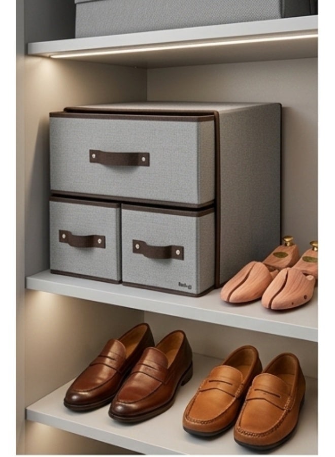 منظم تخزين قماشي صغير الحجم بثلاثة أدراج - صندوق تخزين موفر للمساحة للخزانة والرفوف للملابس ومستلزمات الأطفال والإكسسوارات واللوازم المكتبية - قماش كتان متين - رمادي - Image 4