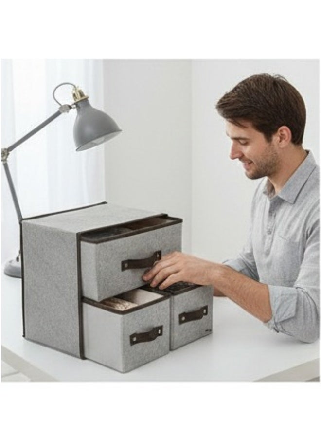 منظم تخزين قماشي صغير الحجم بثلاثة أدراج - صندوق تخزين موفر للمساحة للخزانة والرفوف للملابس ومستلزمات الأطفال والإكسسوارات واللوازم المكتبية - قماش كتان متين - رمادي - Image 2