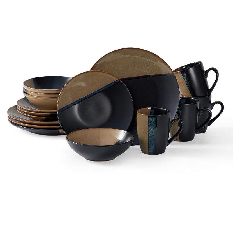 BEST ONE Bestone 16 Piece Round Kitchen Dinnerware Set Plates and Bowls Dishes Service for 4 Stoneware round brown