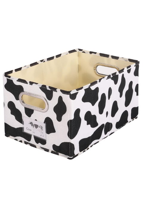 Cowprint Fabric Storage Bin Cotton Linen Fabric Basket Box, Washable Foldable Decorative Rectangular Container with Handles Label Window Thick PP Plastic Board for Nursery Home Office (Small)