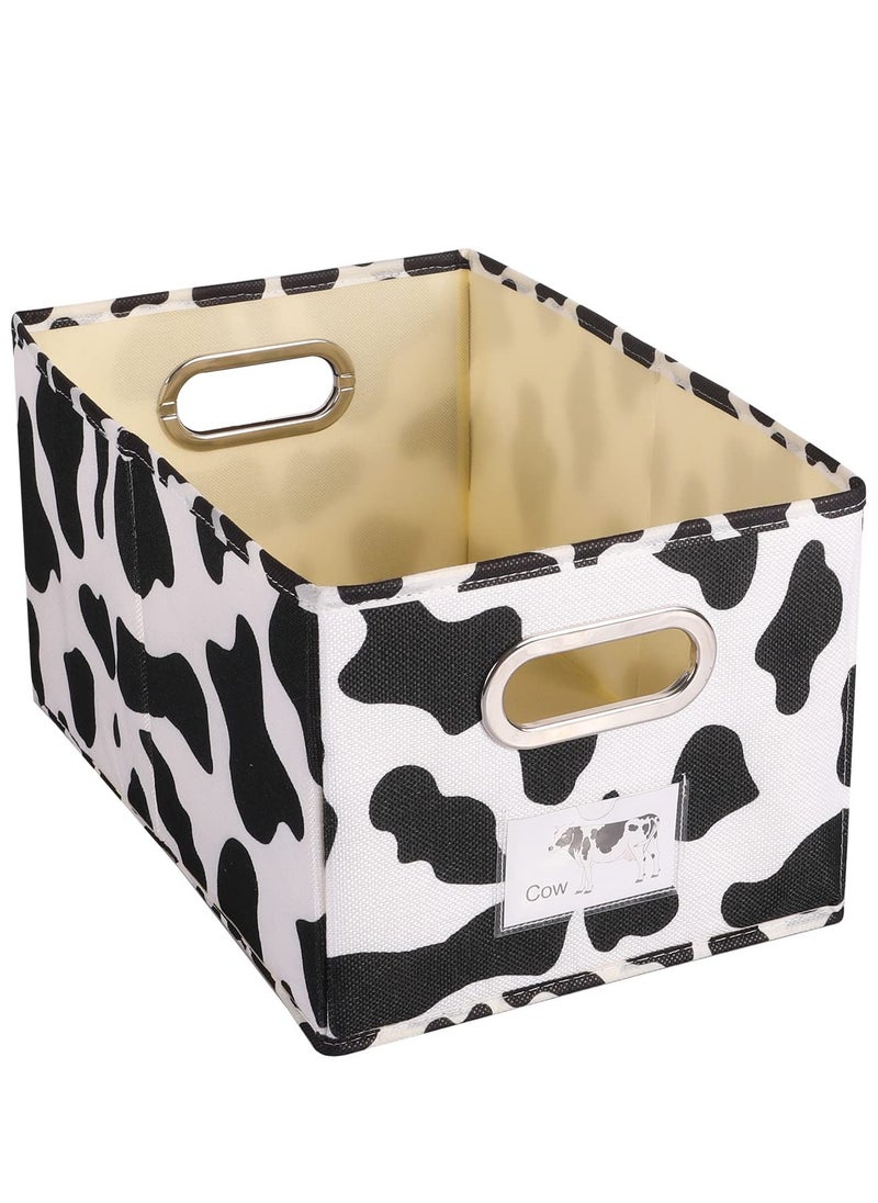 SYOSI - Cowprint Fabric Storage Bin Cotton Linen Fabric Basket Box, Washable Foldable Decorative Rectangular Container with Handles Label Window Thick PP Plastic Board for Nursery Home Office (Small) - Image 1