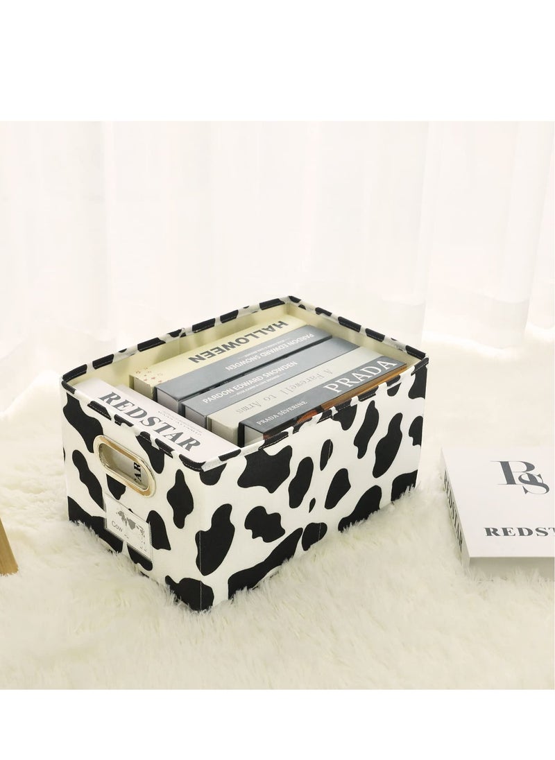 SYOSI - Cowprint Fabric Storage Bin Cotton Linen Fabric Basket Box, Washable Foldable Decorative Rectangular Container with Handles Label Window Thick PP Plastic Board for Nursery Home Office (Small) - Image 1