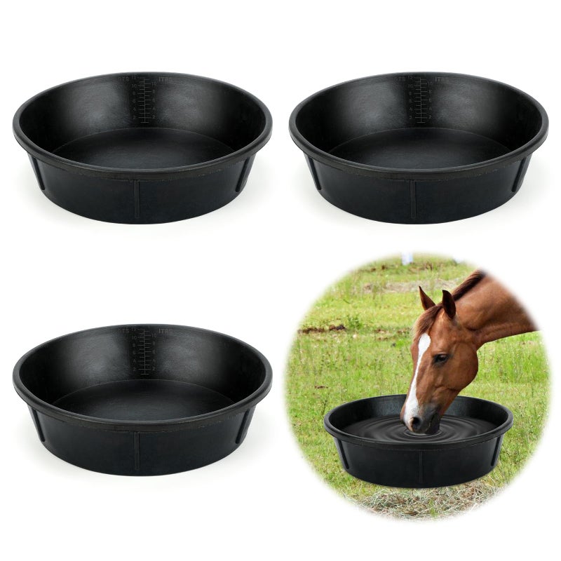 Midollarle 3Pcs Heavy Duty Rubber Feeder Pan, 12Q/3Gal Horses Feed Pan, Large Feed Bucket for Animal Feeding, Livestock Water Bowl Chicken Dust Bath Tub for Horse Goat Pig Dog Farm Livestock Poultry - Image 1