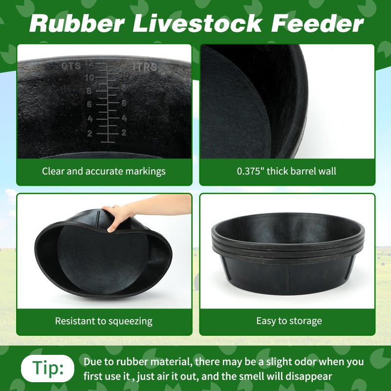 Midollarle 3Pcs Heavy Duty Rubber Feeder Pan, 12Q/3Gal Horses Feed Pan, Large Feed Bucket for Animal Feeding, Livestock Water Bowl Chicken Dust Bath Tub for Horse Goat Pig Dog Farm Livestock Poultry - Image 4