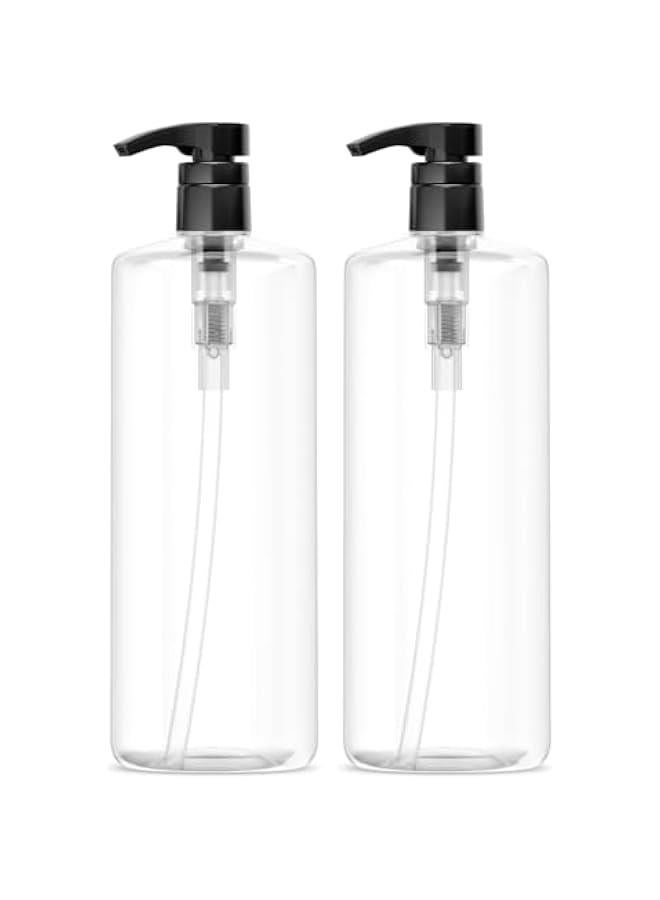 Two-Pack Large 32oz/1Liter Empty Shampoo Bottles with Pumps, BPA-Free Crystal Clear PETE1 Plastic Bottle - Image 1