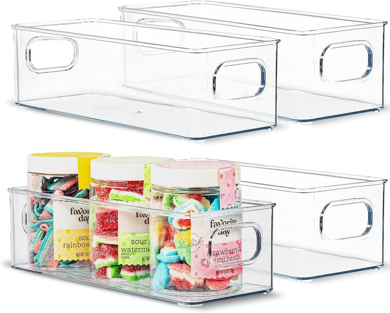 PrimeBox Plastic Food Storage 4 Pack Clear Container Bin with Handles for Organizing Kitchen, Pantry, Fridge, Freezer, Pantry,Bathroom. 10"x4"3" - Image 1