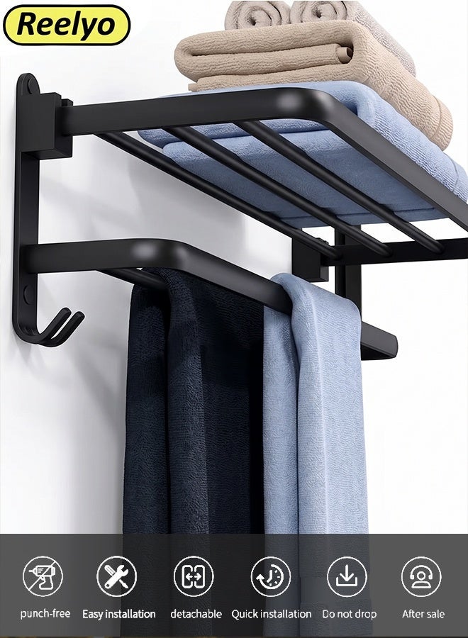 Reelyo 40CM Aluminum Towel Hanger, Foldable Wall-mounted Towel Rack for Bathroom, Space-saving Shelf Includes 2 Towel Hooks, Towel Bar Attachment, Holes, Hole Mounting, For Bathrooms, Washrooms, Kitchens, Easy to Store Luminiums, Bathrooms, Washbasins, Strong (Matte Black) - Image 1