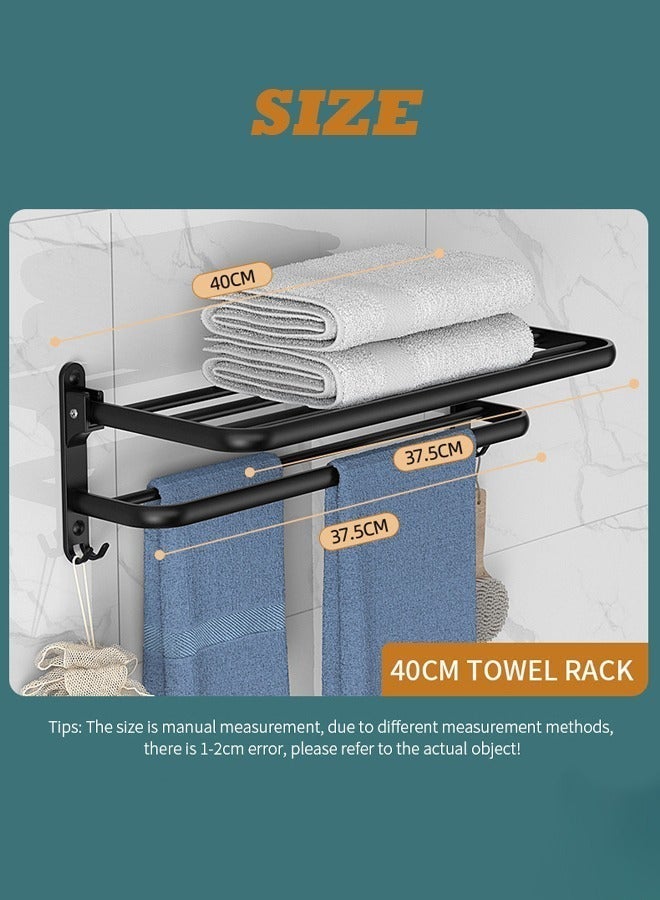 Reelyo 40CM Aluminum Towel Hanger, Foldable Wall-mounted Towel Rack for Bathroom, Space-saving Shelf Includes 2 Towel Hooks, Towel Bar Attachment, Holes, Hole Mounting, For Bathrooms, Washrooms, Kitchens, Easy to Store Luminiums, Bathrooms, Washbasins, Strong (Matte Black) - Image 2