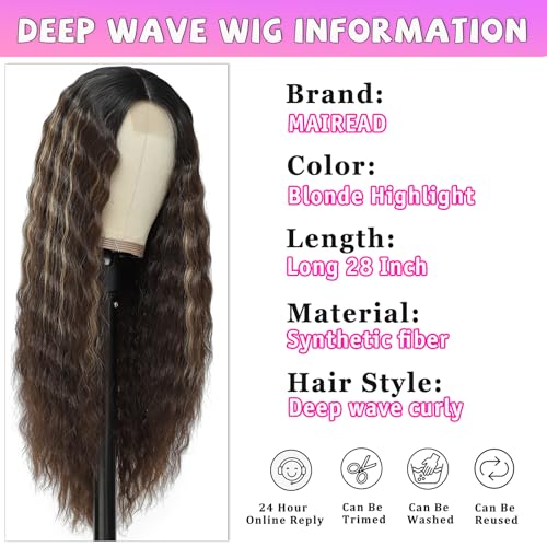 Mairead 28 Inch Long Curly Synthetic Wig for Women Ombre Synthetic Lace Front Wig Natural Crimps Curls Brown Highlight Deep Wave Wig 4 Fake Scalp Heat Resistant Fiber Hair for Daily Party - Image 3
