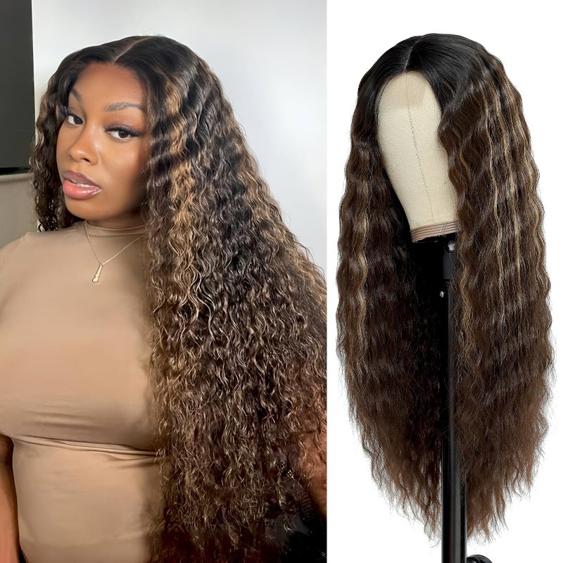 Mairead 28 Inch Long Curly Synthetic Wig for Women Ombre Synthetic Lace Front Wig Natural Crimps Curls Brown Highlight Deep Wave Wig 4 Fake Scalp Heat Resistant Fiber Hair for Daily Party - Image 2