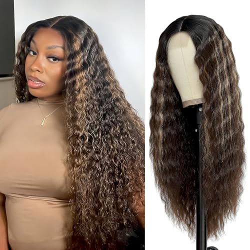 Mairead 28 Inch Long Curly Synthetic Wig for Women Ombre Synthetic Lace Front Wig Natural Crimps Curls Brown Highlight Deep Wave Wig 4 Fake Scalp Heat Resistant Fiber Hair for Daily Party - Image 1