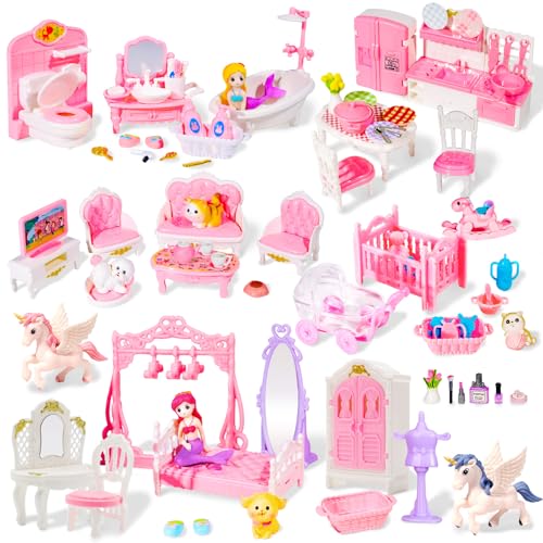 Pamonrueer 92 Pcs Miniature Furniture Set Accessories Mini Furniture Plastic Bedroom Living Room Bathroom Kitchen Kit Small Pink House for Birthday Gift - Image 1