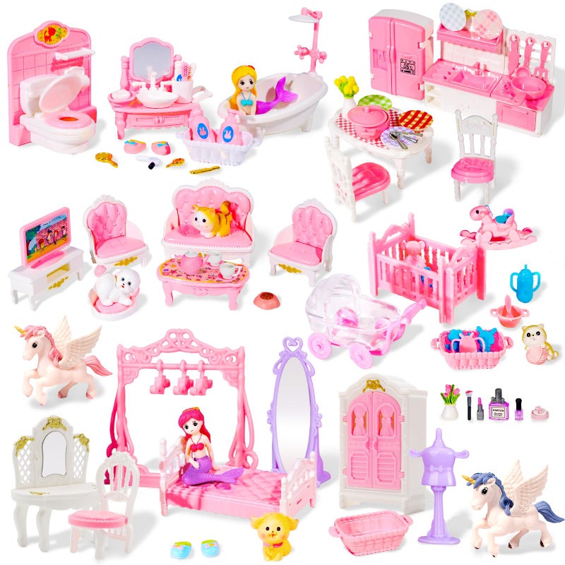 Pamonrueer 92 Pcs Miniature Furniture Set Accessories Mini Furniture Plastic Bedroom Living Room Bathroom Kitchen Kit Small Pink House for Birthday Gift - Image 2