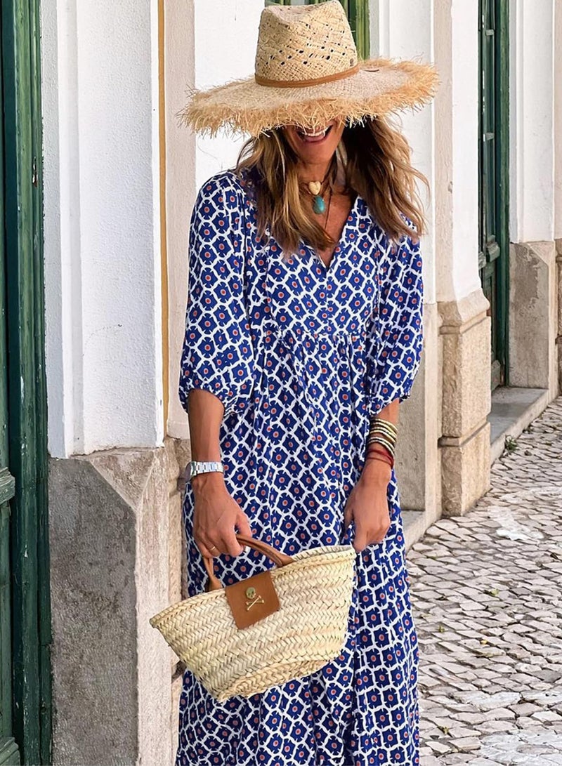 miduo Womens Dresses Fashion Loose Casual Summer V Neck Half Sleeve Pattern Bohemian Style Maxi Long Floor Dresses L - Image 4