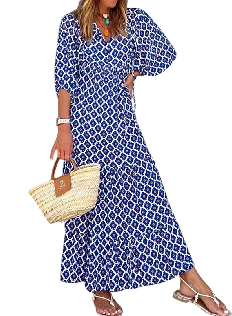 miduo Womens Dresses Fashion Loose Casual Summer V Neck Half Sleeve Pattern Bohemian Style Maxi Long Floor Dresses L - Image 1