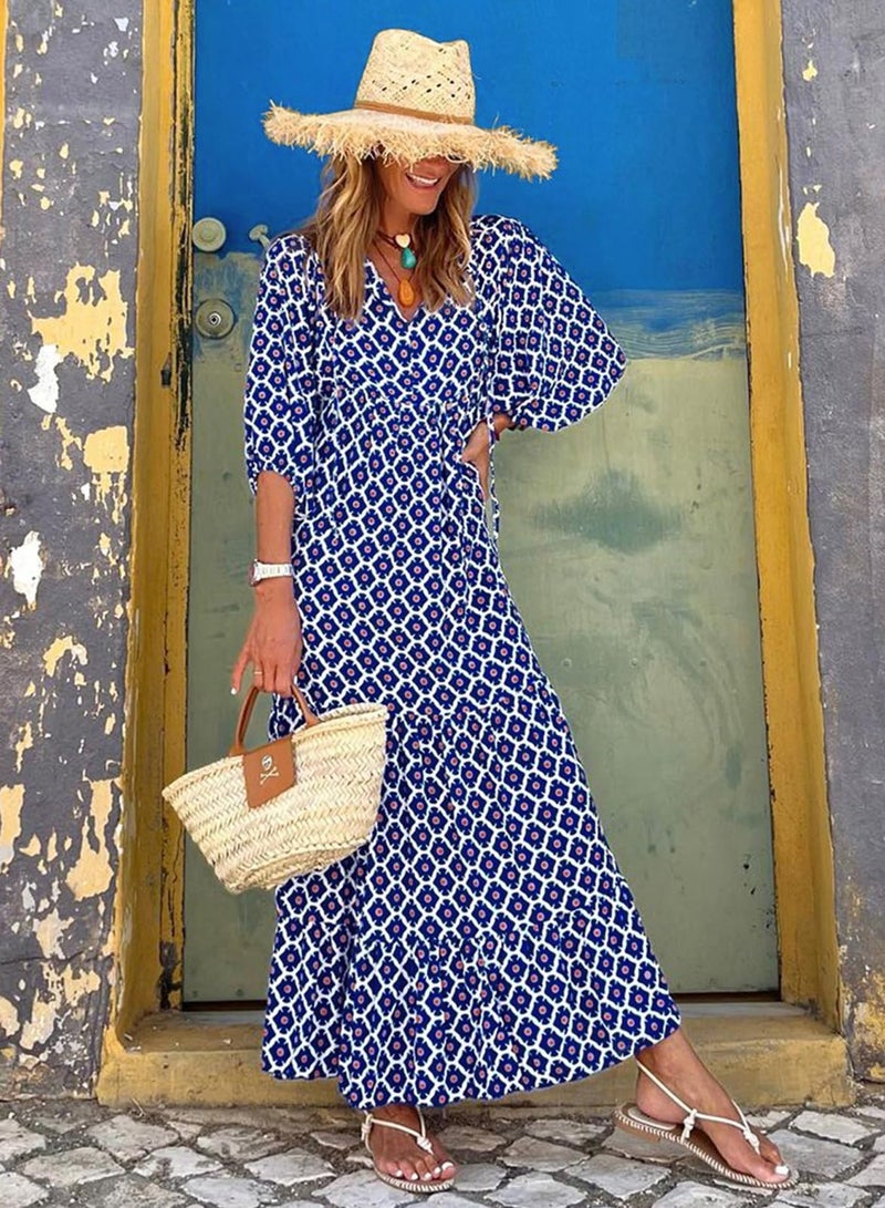 miduo Womens Dresses Fashion Loose Casual Summer V Neck Half Sleeve Pattern Bohemian Style Maxi Long Floor Dresses L - Image 3