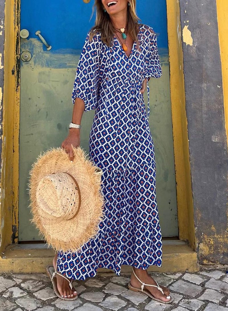miduo Womens Dresses Fashion Loose Casual Summer V Neck Half Sleeve Pattern Bohemian Style Maxi Long Floor Dresses L - Image 2