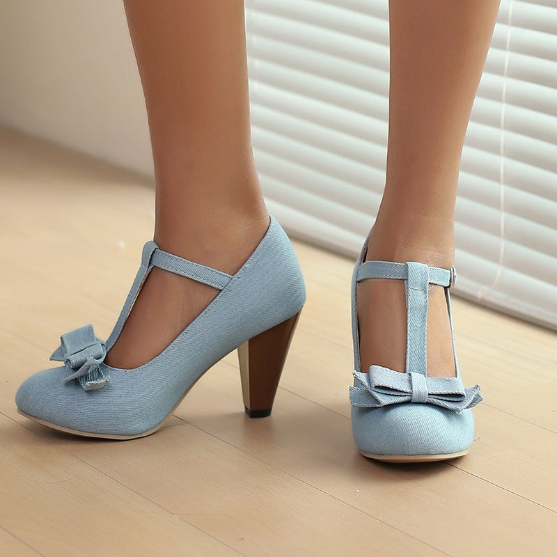 2024 Spring T-Buckle High Heels 31-48 Denim Bow Shallow Mouth Shoes - Image 2