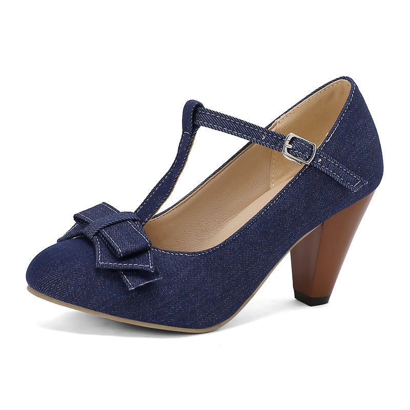 2024 Spring T-Buckle High Heels 31-48 Denim Bow Shallow Mouth Shoes - Image 1