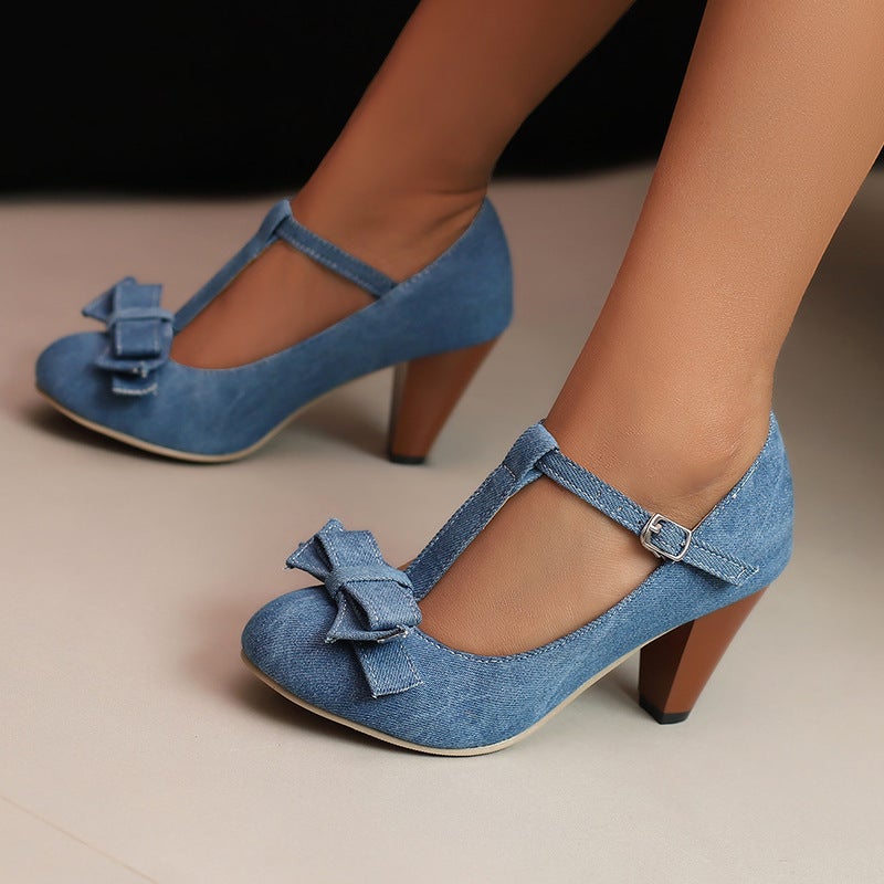 2024 Spring T-Buckle High Heels 31-48 Denim Bow Shallow Mouth Shoes - Image 5
