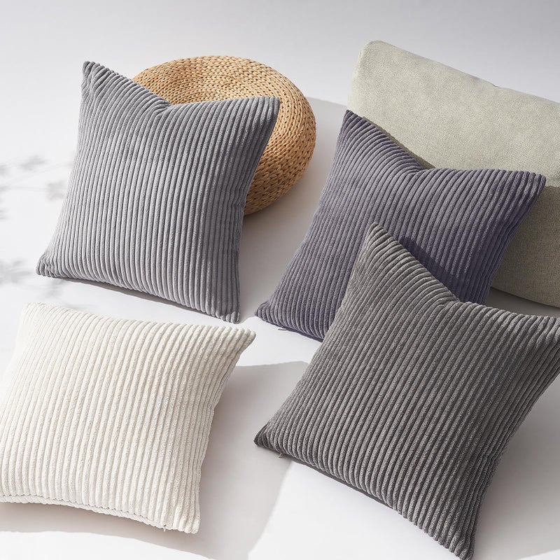 Topfinel Neutral Grey Decorative Throw Pillow Covers 18x18 Inch Set of 4,Modern Farmhouse Striped Corduroy Cushion Cases,Square Euro Shams for Sofa,Bedroom,Floor,Car(45cm Dark Gray) - Image 2