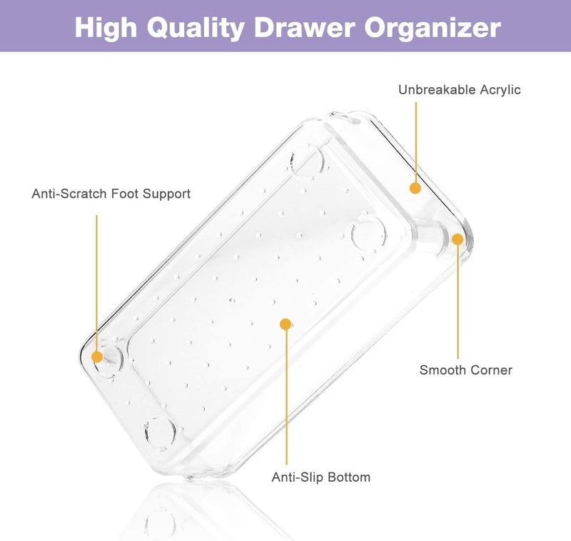 Zeinwap Desk Drawer Organizers Trays Set Clear Plastic Storage Bins Bathroom Drawer Tray Dividers Vanity Trays Organizer Bedroom Dresser Makeup Kitchen Utensil Office (7 Pc Set New), Transparent - Image 3