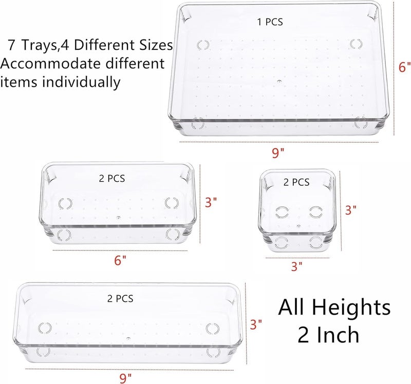 Zeinwap Desk Drawer Organizers Trays Set Clear Plastic Storage Bins Bathroom Drawer Tray Dividers Vanity Trays Organizer Bedroom Dresser Makeup Kitchen Utensil Office (7 Pc Set New), Transparent - Image 2