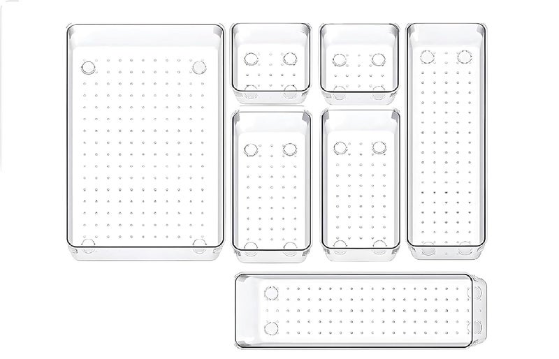 Zeinwap Desk Drawer Organizers Trays Set Clear Plastic Storage Bins Bathroom Drawer Tray Dividers Vanity Trays Organizer Bedroom Dresser Makeup Kitchen Utensil Office (7 Pc Set New), Transparent - Image 1