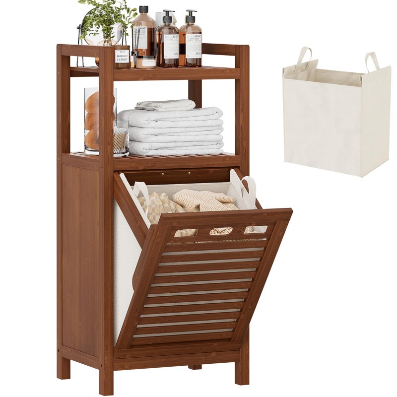 Homykic Tilt Out Laundry Hamper, 10 Gal Bamboo Laundry Storage Cabinet with Removable Basket, Hidden Hamper Organizer with Shelf for Dirty Clothes, Bathroom, Laundry Room, Space Saving, Walnut - Image 1