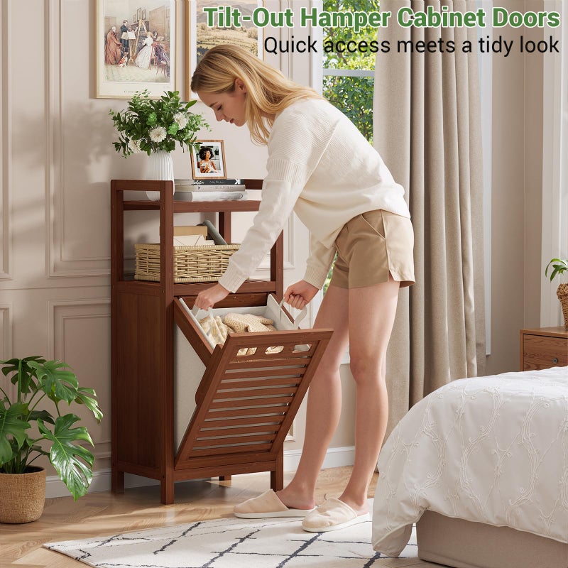 Homykic Tilt Out Laundry Hamper, 10 Gal Bamboo Laundry Storage Cabinet with Removable Basket, Hidden Hamper Organizer with Shelf for Dirty Clothes, Bathroom, Laundry Room, Space Saving, Walnut - Image 3