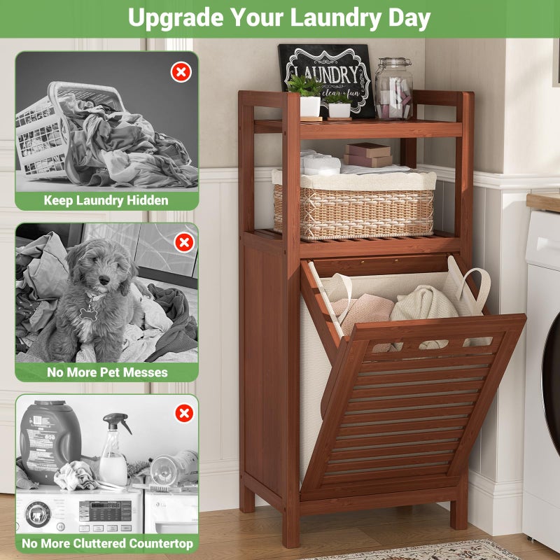 Homykic Tilt Out Laundry Hamper, 10 Gal Bamboo Laundry Storage Cabinet with Removable Basket, Hidden Hamper Organizer with Shelf for Dirty Clothes, Bathroom, Laundry Room, Space Saving, Walnut - Image 5